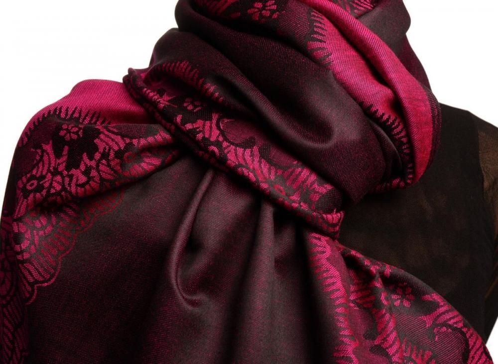 Liss Kiss Fuchsia Pink Woven Lace On Black Pashmina Feel - Scarf