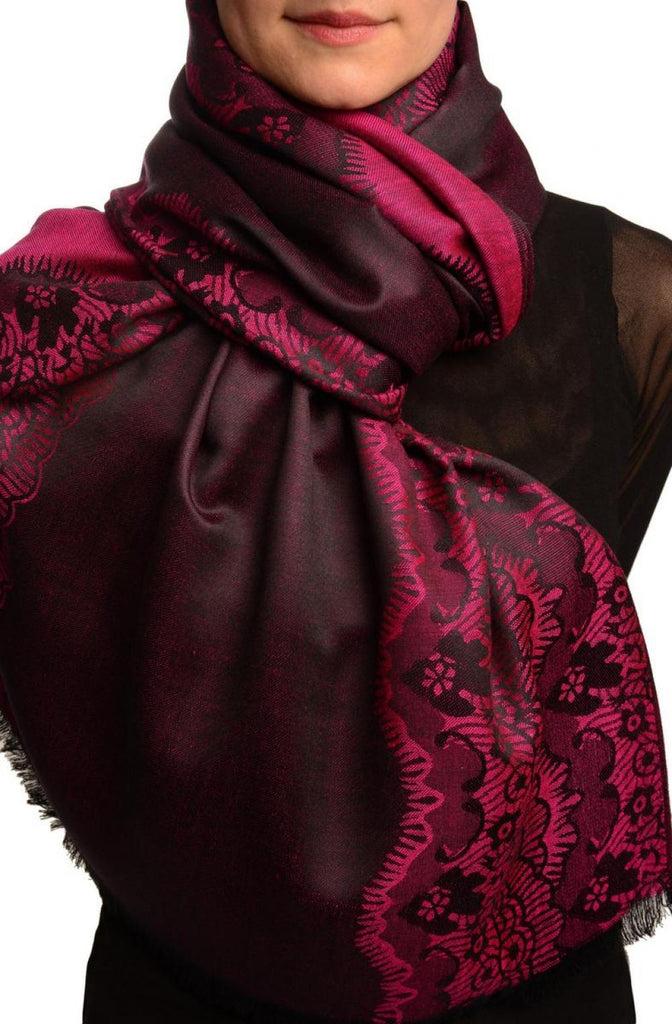liss kiss Fuchsia Pink Woven Lace On Black Pashmina Feel - Scarf