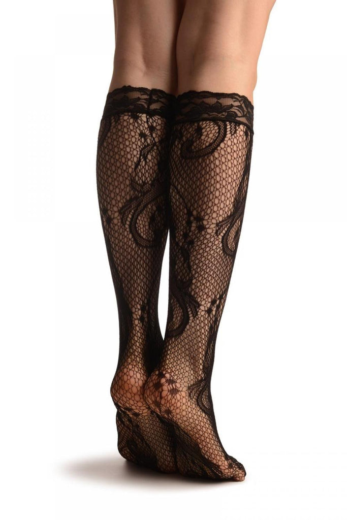 Liss Kiss Gladiolus Flowers Black Lace Knee High Socks - Socks