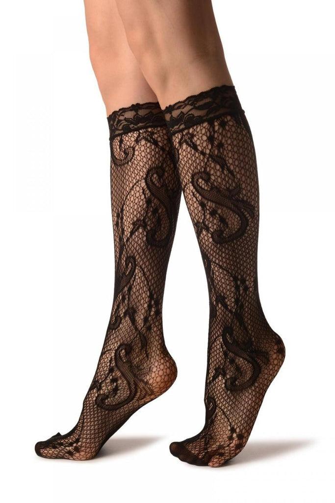 Liss Kiss Gladiolus Flowers Black Lace Knee High Socks - Socks