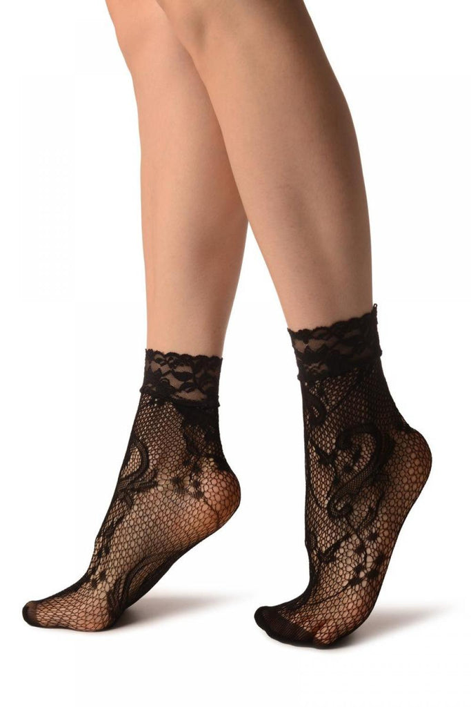 Liss Kiss Gladiolus Flowers Black Lace Socks Ankle High - Socks