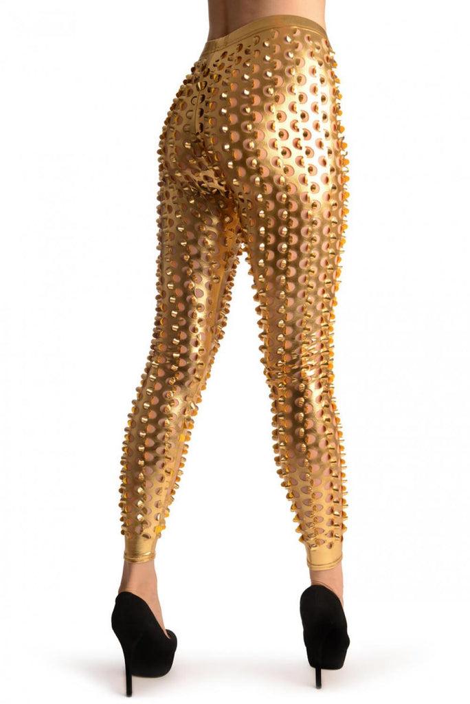 Liss Kiss Gold 3D Cut Through Faux Leather Spikes - Leggings