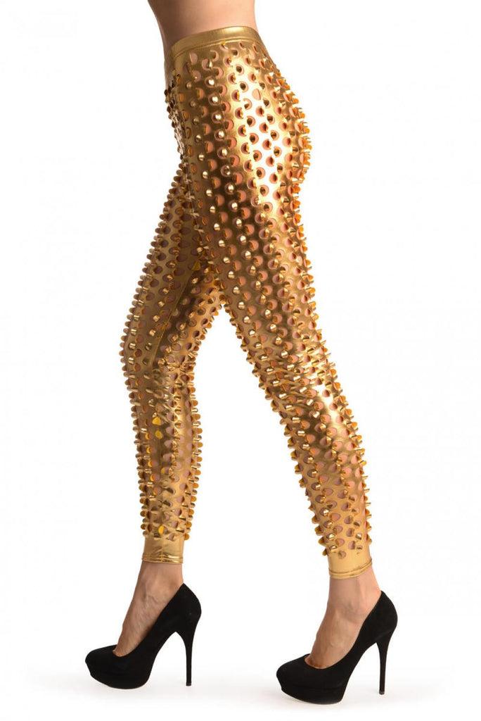 Liss Kiss Gold 3D Cut Through Faux Leather Spikes - Leggings