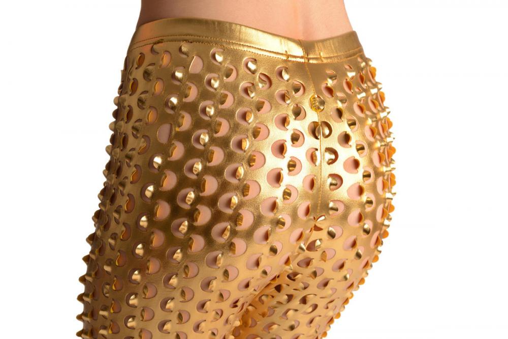 Liss Kiss Gold 3D Cut Through Faux Leather Spikes - Leggings