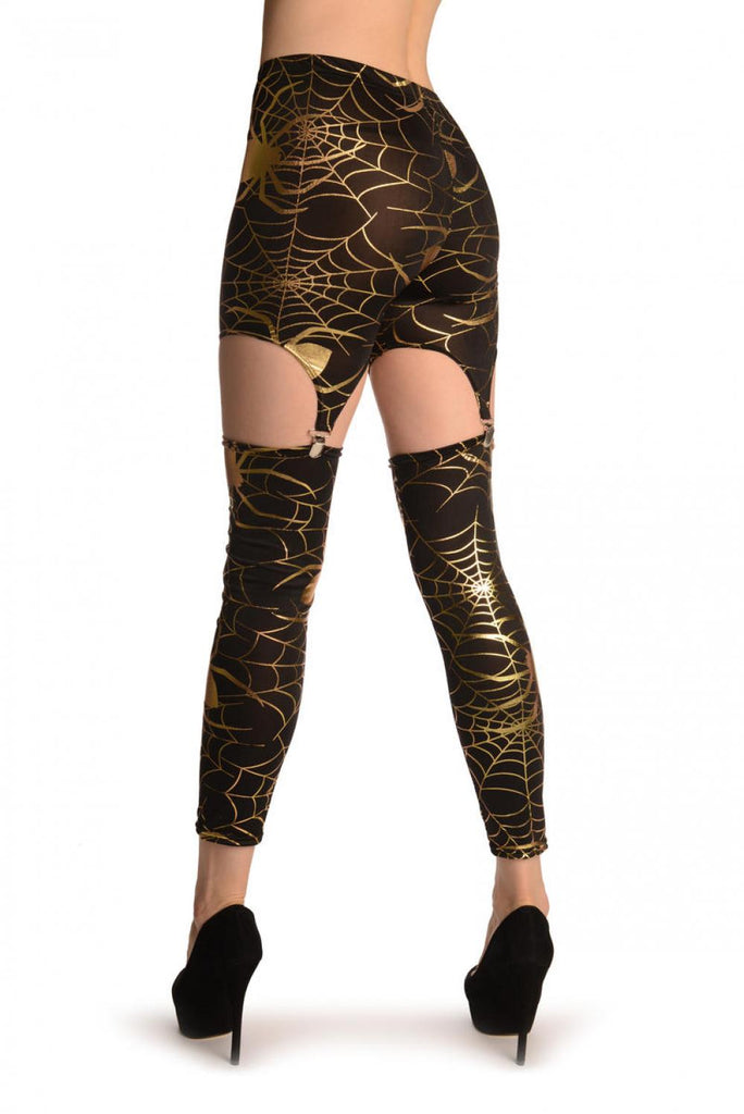 Liss Kiss Gold Cobweb On Black Suspender Clip On Leggings (Halloween) - Leggings