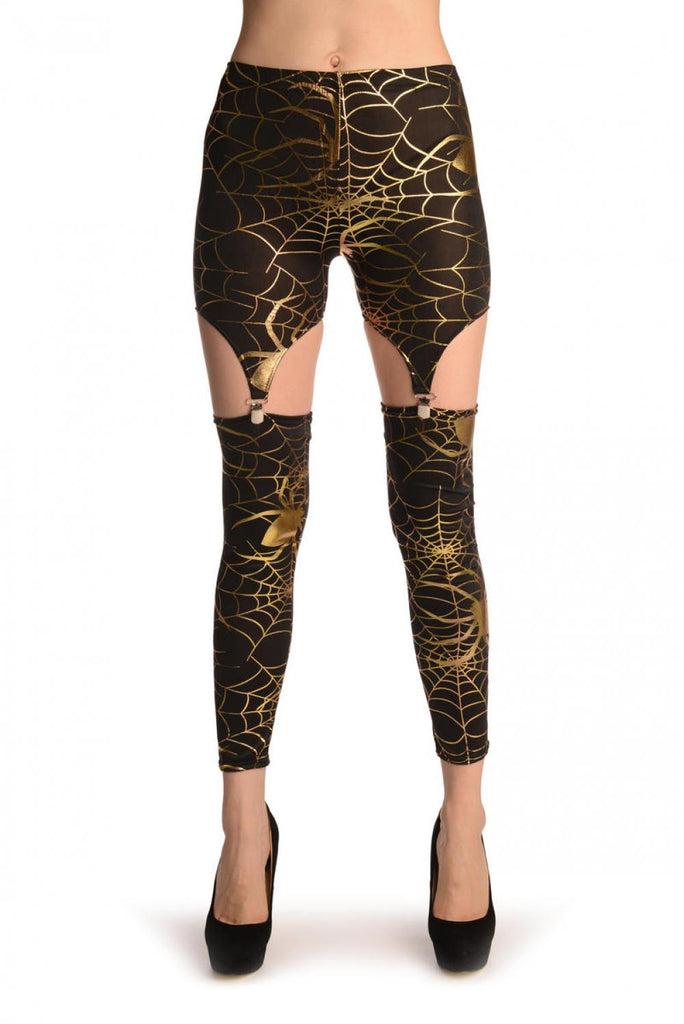 liss kiss Gold Cobweb On Black Suspender Clip On Leggings (Halloween) - Leggings