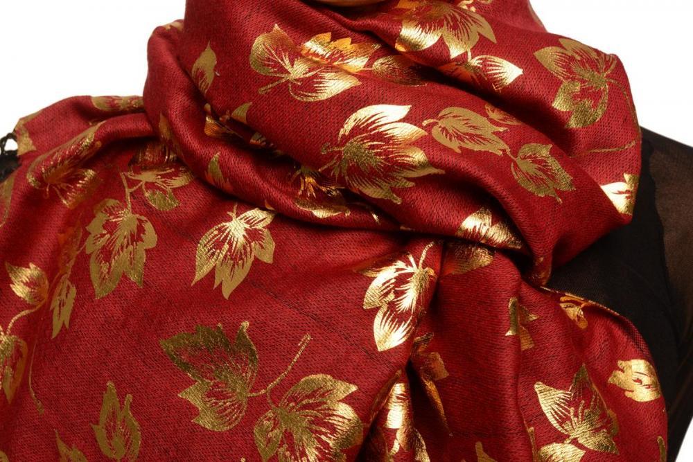Liss Kiss Gold Leafes Print On Bourgundy Pashmina With Tassels - Scarf