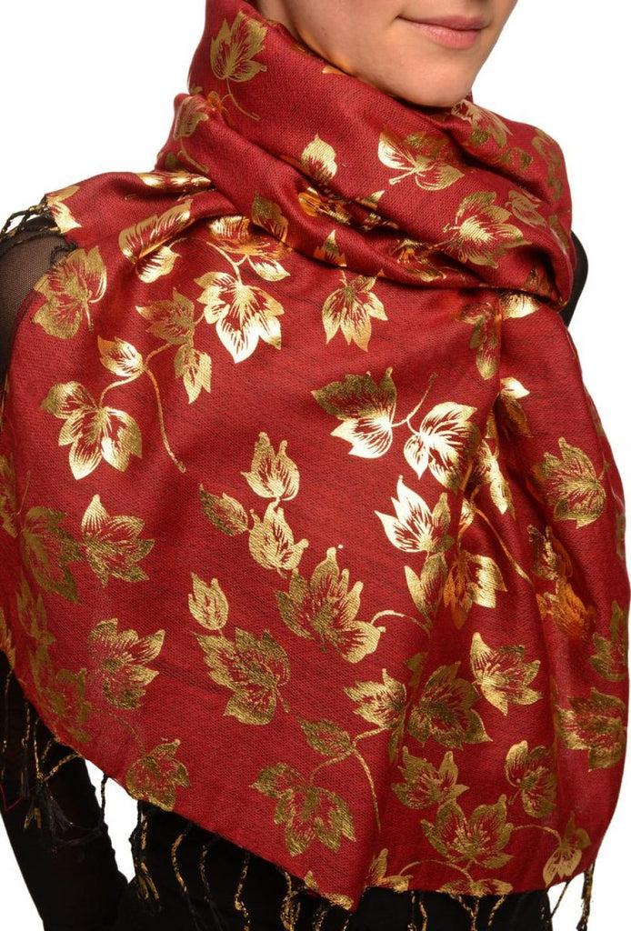 Liss Kiss Gold Leafes Print On Bourgundy Pashmina With Tassels - Scarf