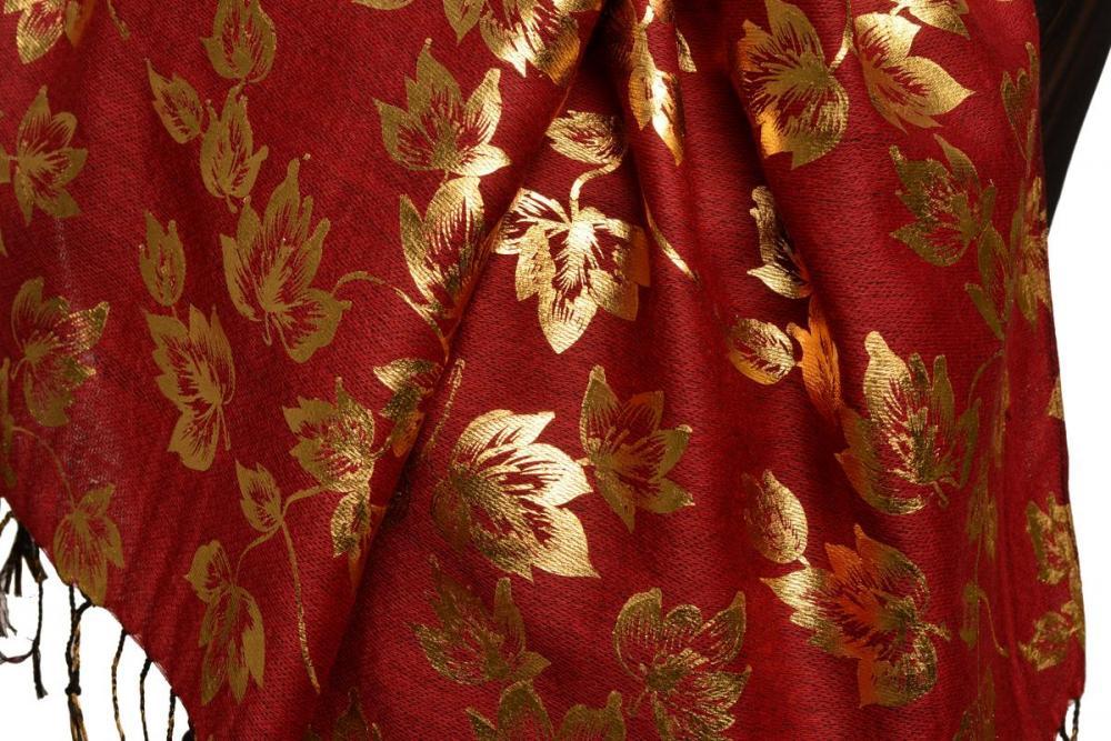 Liss Kiss Gold Leafes Print On Bourgundy Pashmina With Tassels - Scarf