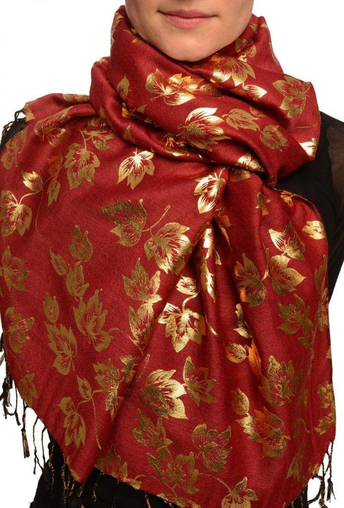 Liss Kiss Gold Leafes Print On Bourgundy Pashmina With Tassels - Scarf