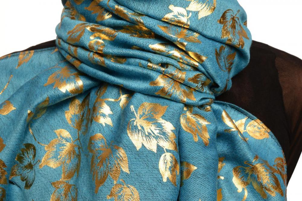 Liss Kiss Gold Leafes Print On Dodger Blue Pashmina With Tassels - Scarf
