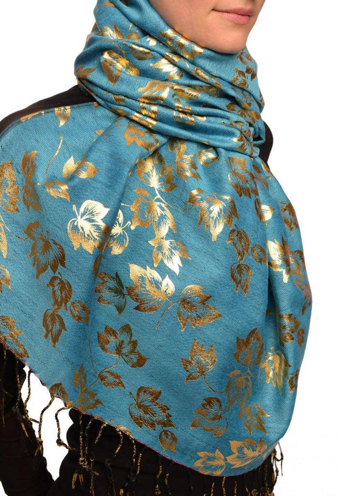 Liss Kiss Gold Leafes Print On Dodger Blue Pashmina With Tassels - Scarf