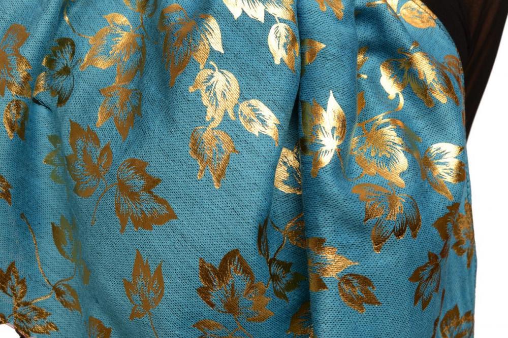Liss Kiss Gold Leafes Print On Dodger Blue Pashmina With Tassels - Scarf