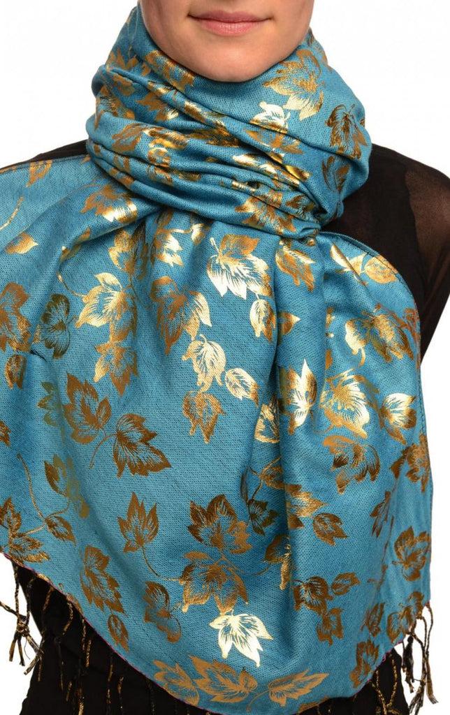 liss kiss Gold Leafes Print On Dodger Blue Pashmina With Tassels - Scarf