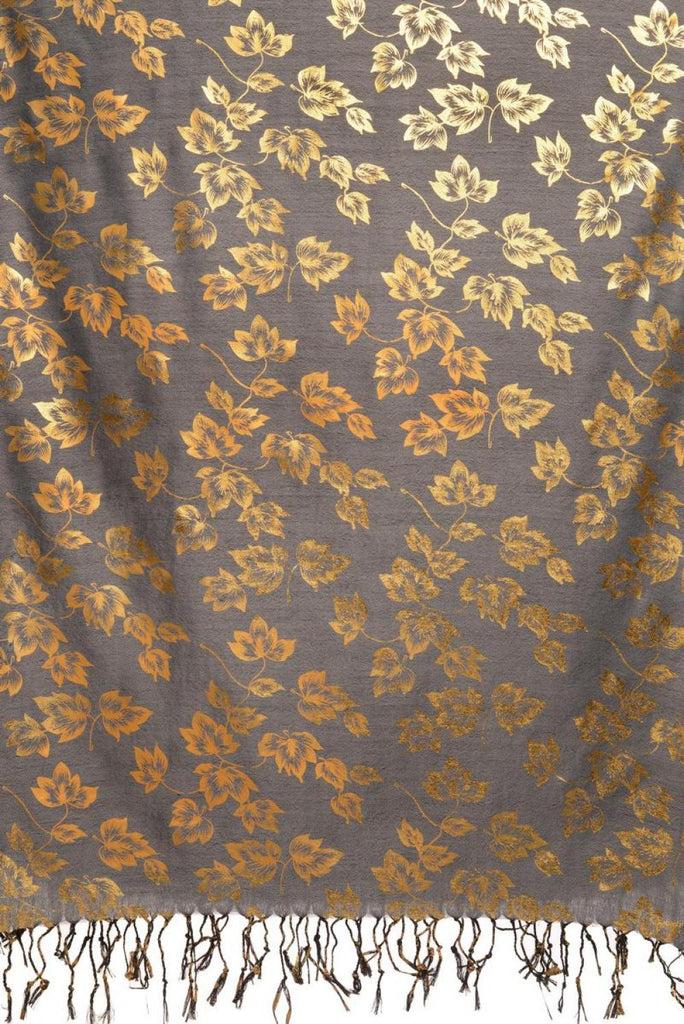 Liss Kiss Gold Leafes Print On Grey Pashmina With Tassels - Scarf