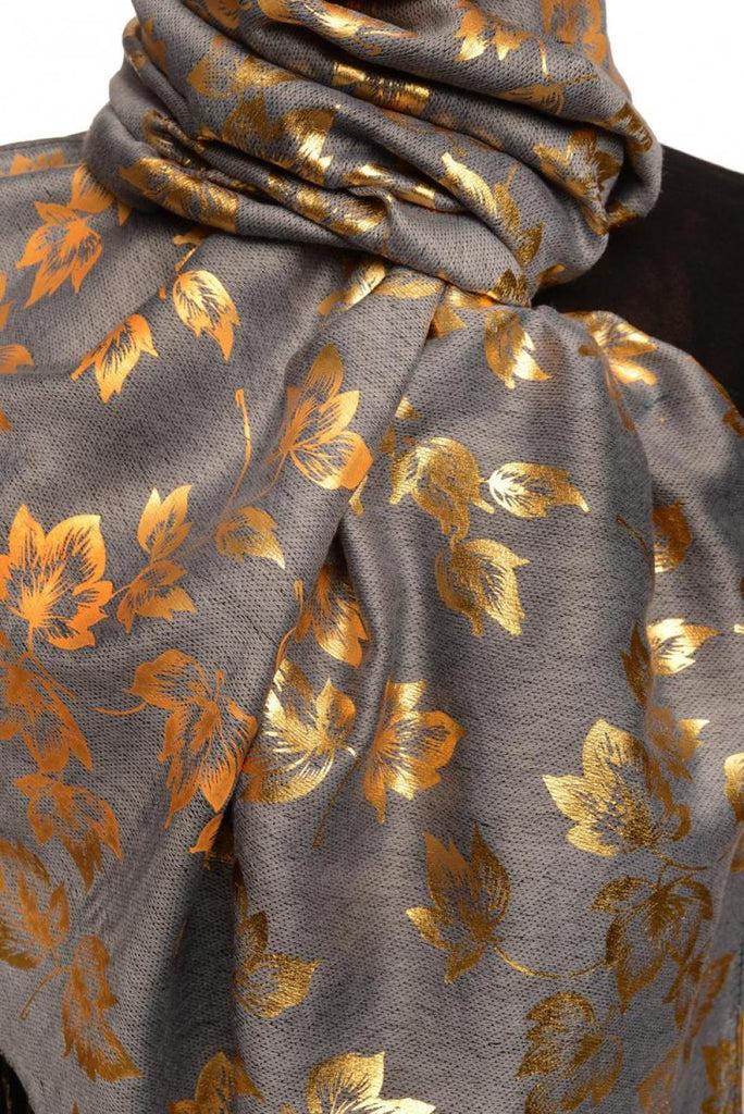 Liss Kiss Gold Leafes Print On Grey Pashmina With Tassels - Scarf