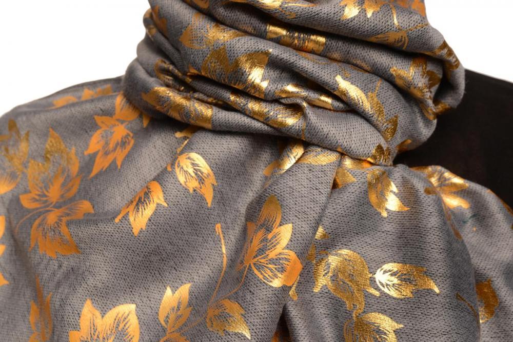 Liss Kiss Gold Leafes Print On Grey Pashmina With Tassels - Scarf