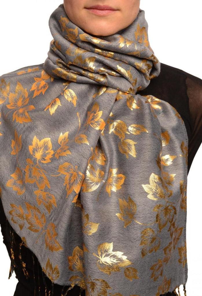 liss kiss Gold Leafes Print On Grey Pashmina With Tassels - Scarf