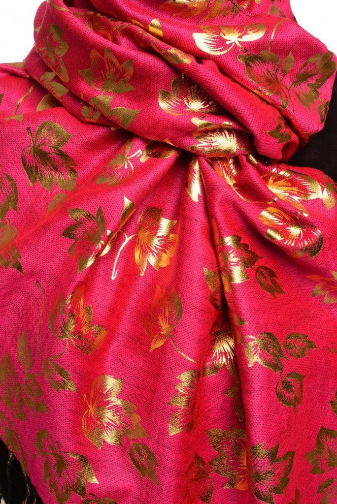 Liss Kiss Gold Leafes Print On Magenta Pashmina With Tassels - Scarf