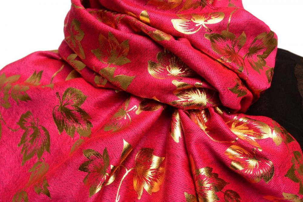Liss Kiss Gold Leafes Print On Magenta Pashmina With Tassels - Scarf
