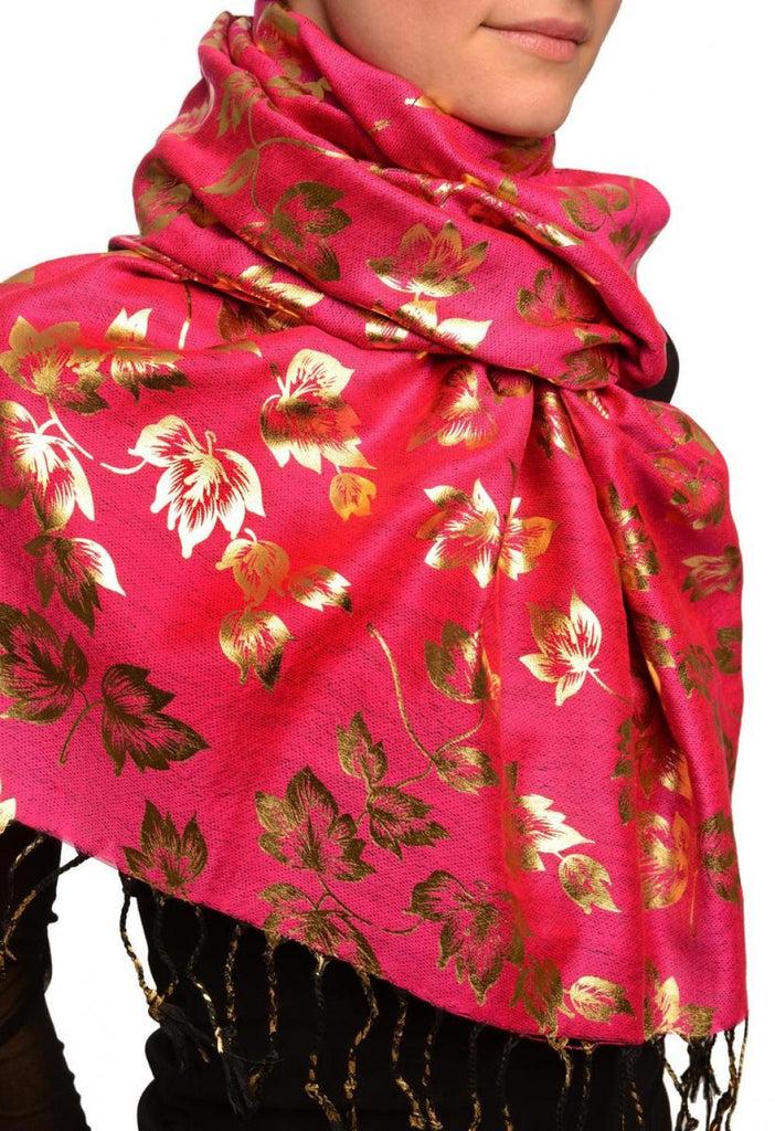 Liss Kiss Gold Leafes Print On Magenta Pashmina With Tassels - Scarf
