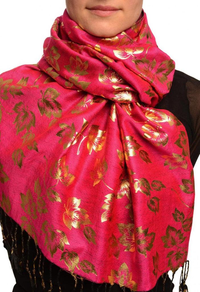 liss kiss Gold Leafes Print On Magenta Pashmina With Tassels - Scarf