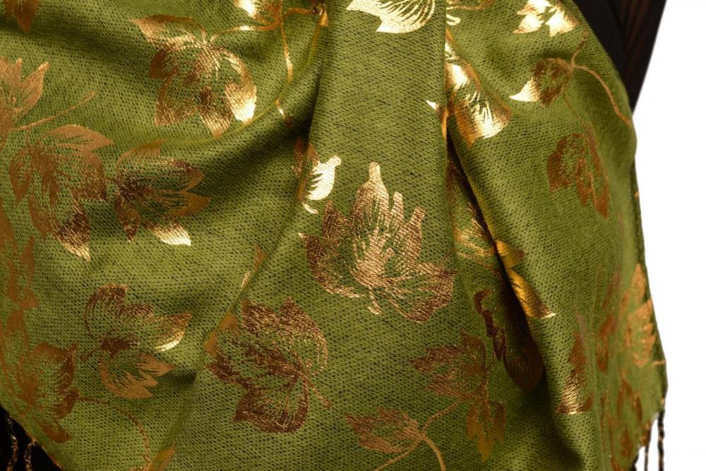 Liss Kiss Gold Leafes Print On Olive Green Pashmina With Tassels - Scarf