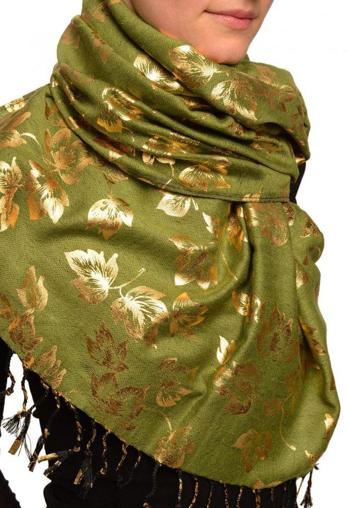 Liss Kiss Gold Leafes Print On Olive Green Pashmina With Tassels - Scarf