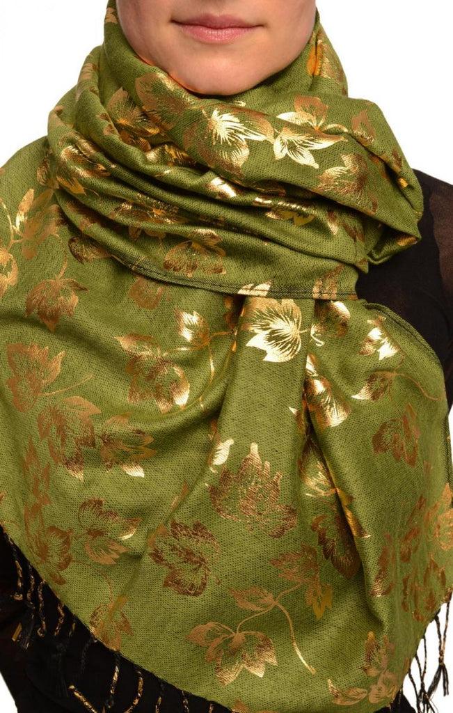 liss kiss Gold Leafes Print On Olive Green Pashmina With Tassels - Scarf