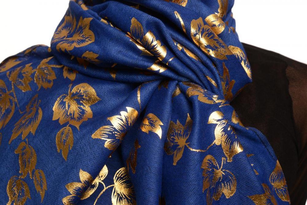 Liss Kiss Gold Leafes Print On Persian Blue Pashmina With Tassels - Scarf