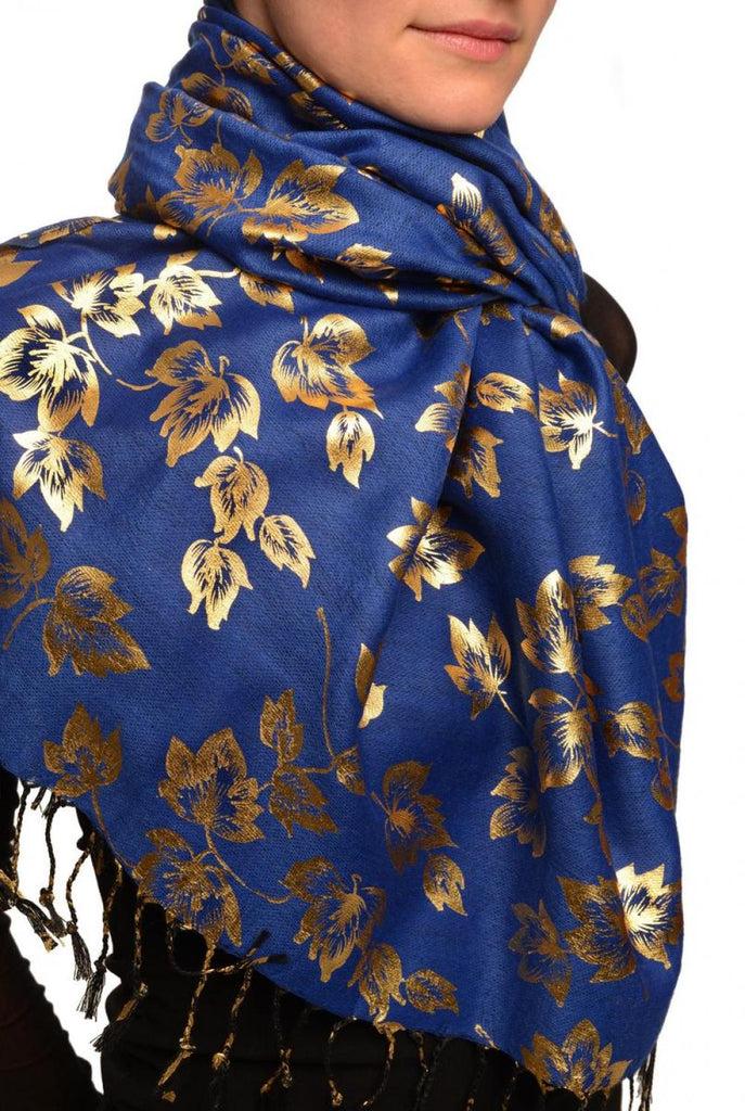 Liss Kiss Gold Leafes Print On Persian Blue Pashmina With Tassels - Scarf