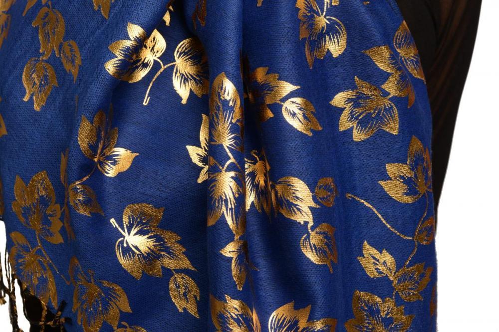 Liss Kiss Gold Leafes Print On Persian Blue Pashmina With Tassels - Scarf