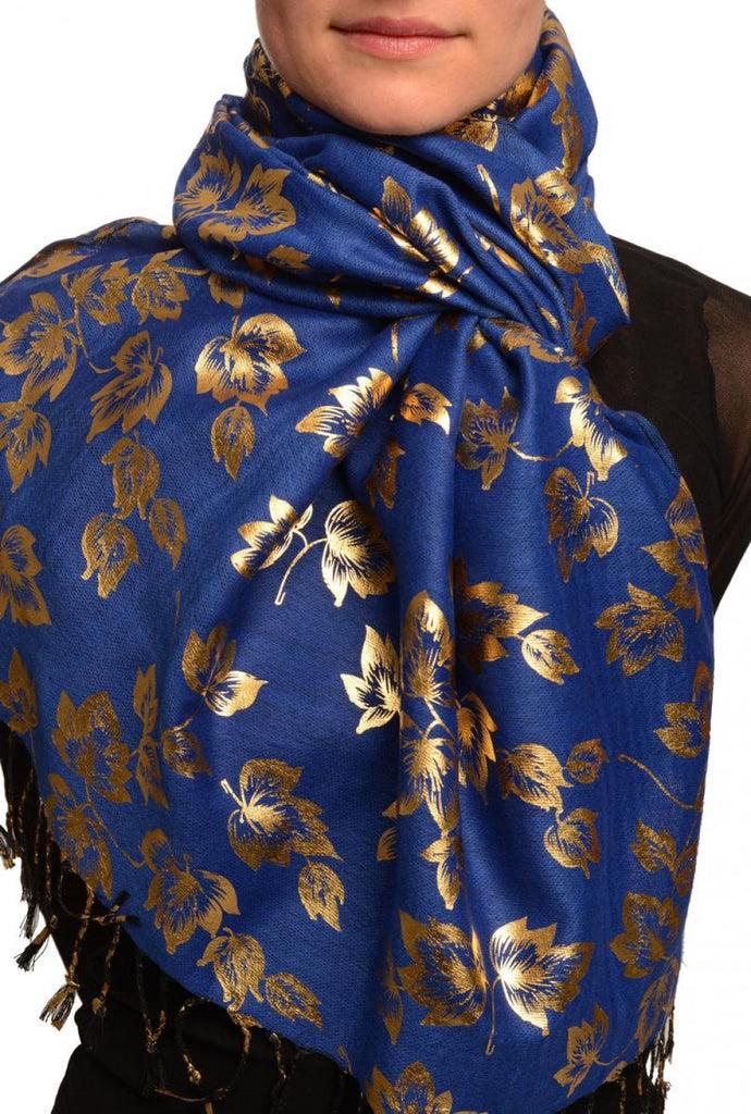 liss kiss Gold Leafes Print On Persian Blue Pashmina With Tassels - Scarf