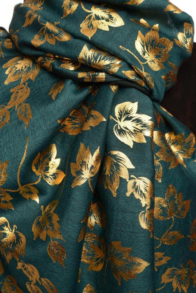 Liss Kiss Gold Leafes Print On Prussian Blue Pashmina With Tassels - Scarf