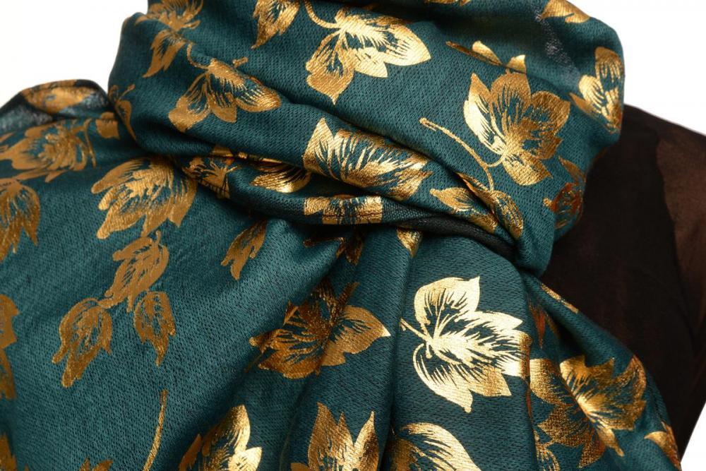 Liss Kiss Gold Leafes Print On Prussian Blue Pashmina With Tassels - Scarf