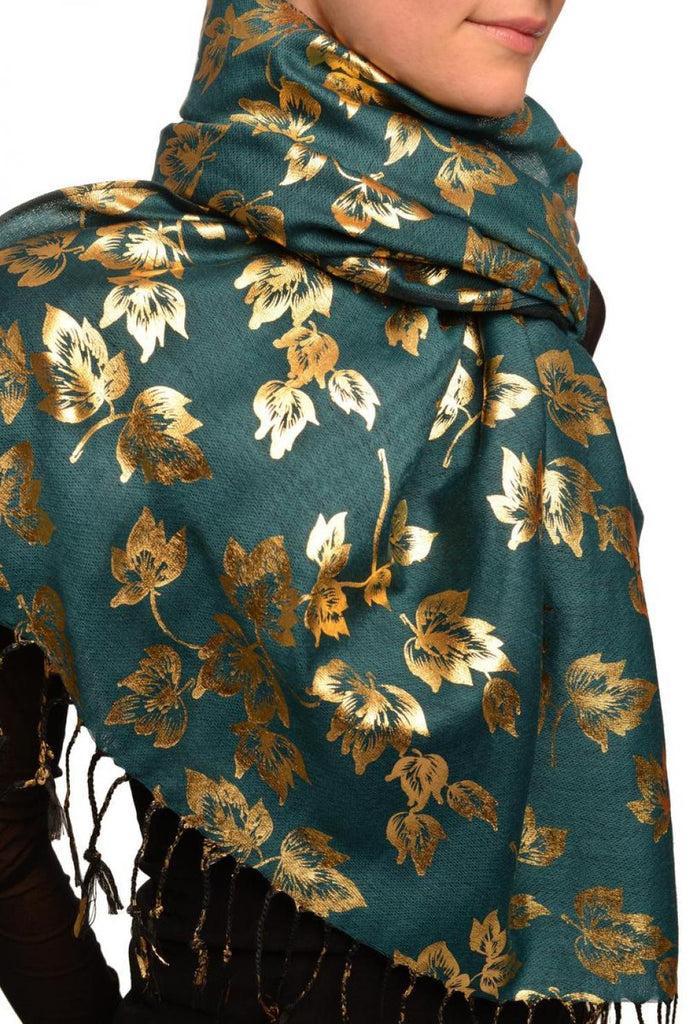 Liss Kiss Gold Leafes Print On Prussian Blue Pashmina With Tassels - Scarf