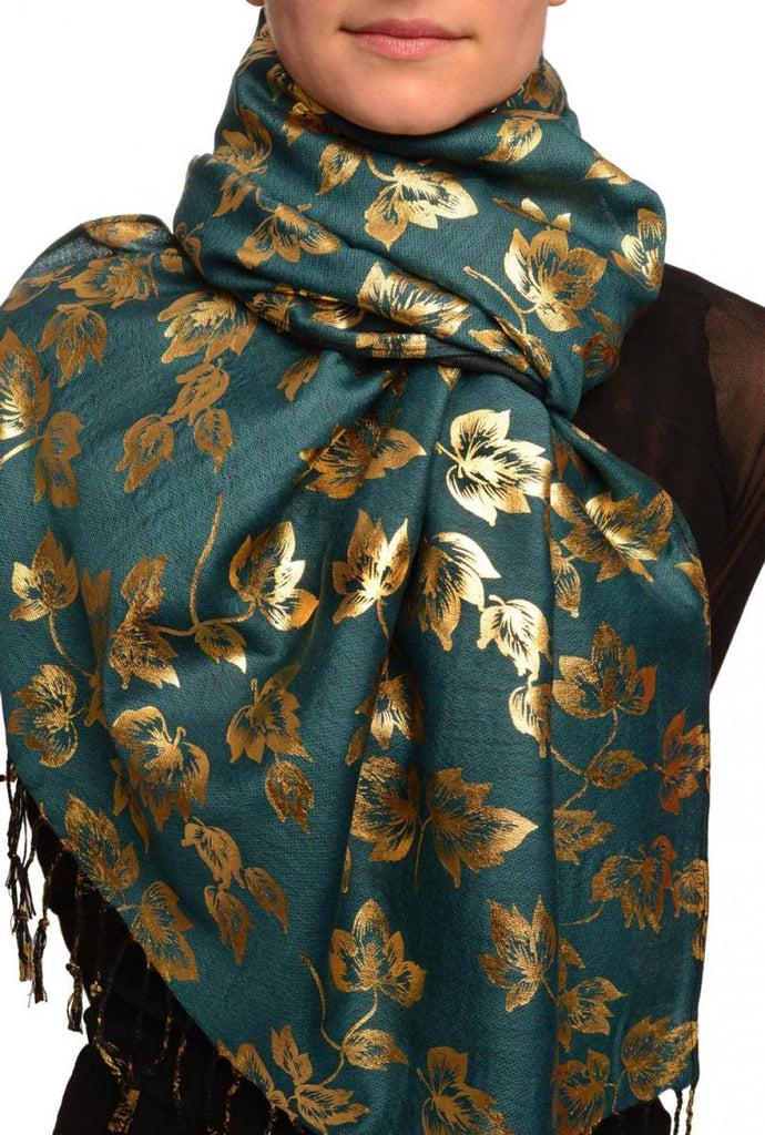 Liss Kiss Gold Leafes Print On Prussian Blue Pashmina With Tassels - Scarf