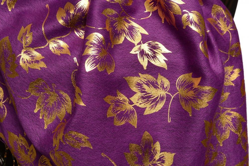 Liss Kiss Gold Leafes Print On Purple Pashmina With Tassels - Scarf