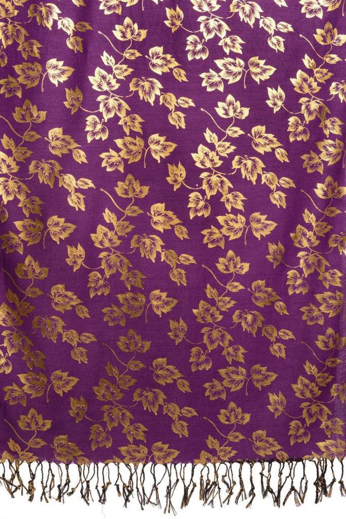 Liss Kiss Gold Leafes Print On Purple Pashmina With Tassels - Scarf