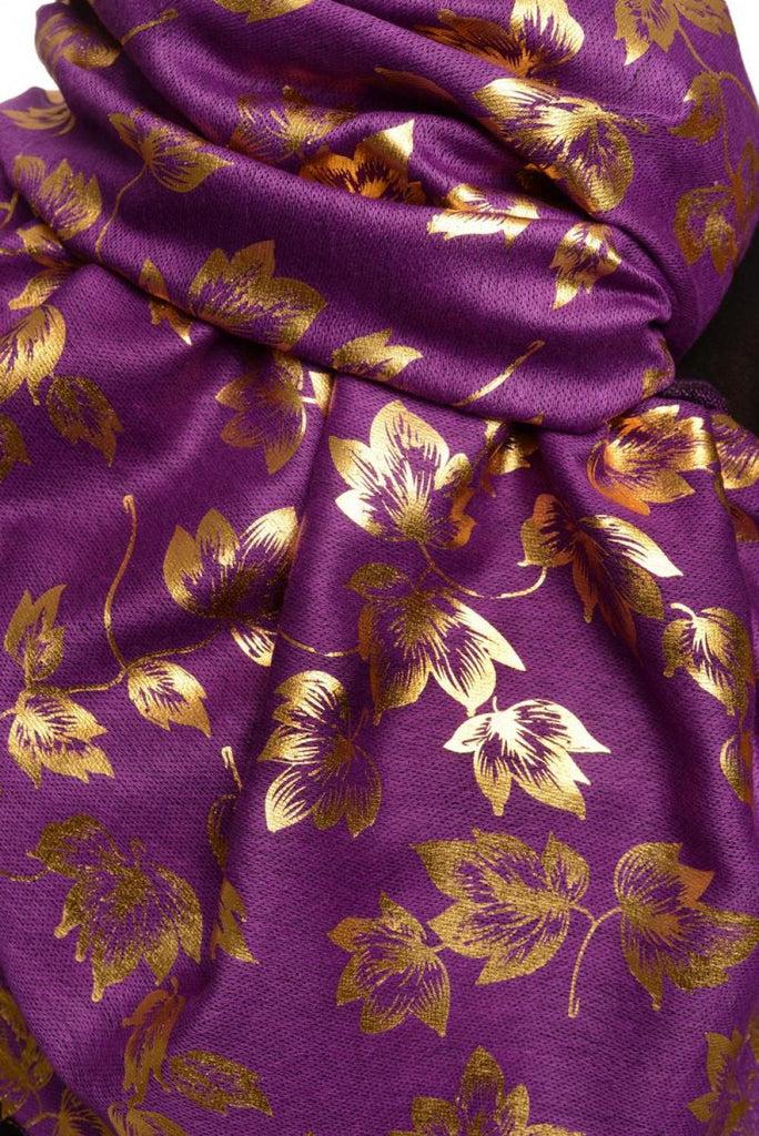 Liss Kiss Gold Leafes Print On Purple Pashmina With Tassels - Scarf