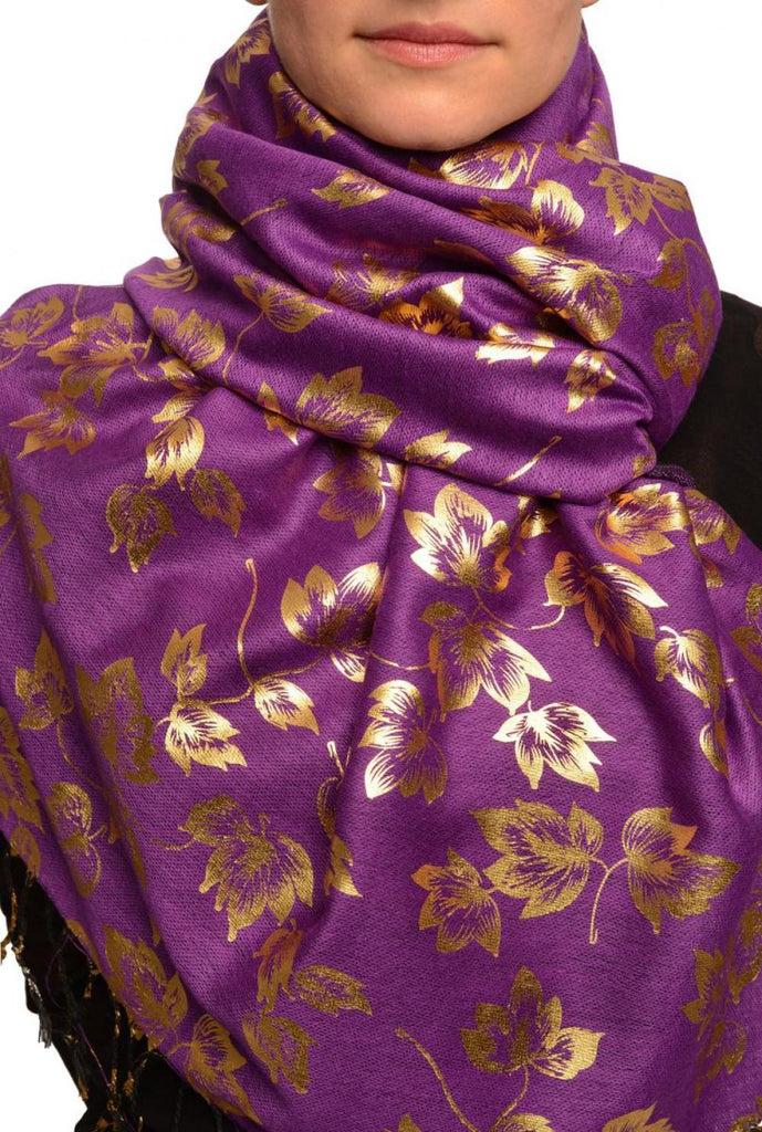 Liss Kiss Gold Leafes Print On Purple Pashmina With Tassels - Scarf