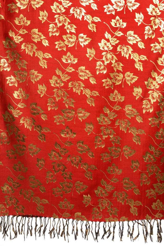 Liss Kiss Gold Leafes Print On Red Pashmina With Tassels - Scarf