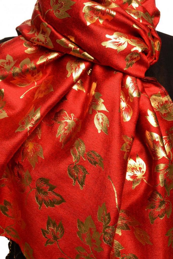 Liss Kiss Gold Leafes Print On Red Pashmina With Tassels - Scarf