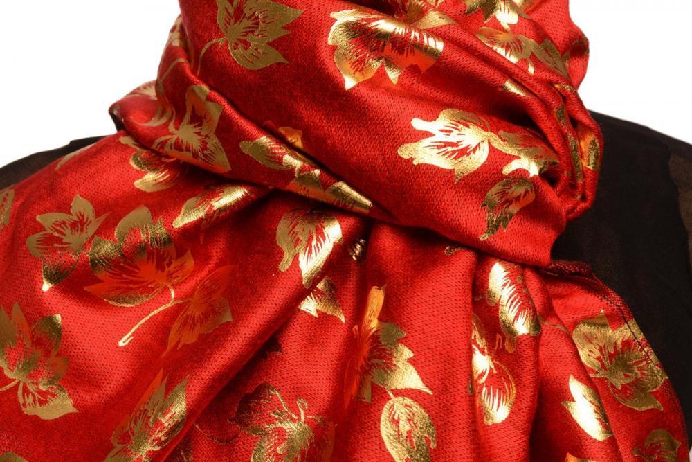Liss Kiss Gold Leafes Print On Red Pashmina With Tassels - Scarf