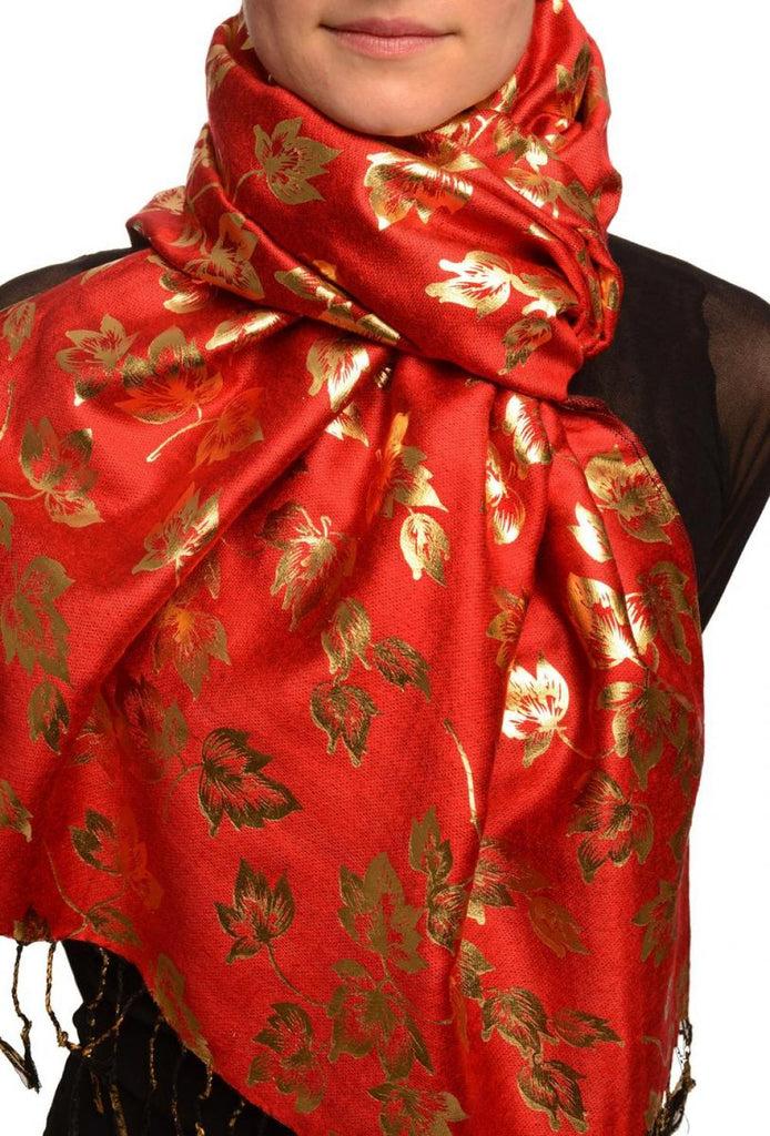 Liss Kiss Gold Leafes Print On Red Pashmina With Tassels - Scarf