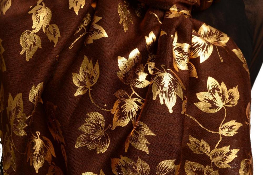 Liss Kiss Gold Leafs Print On Brown Pashmina With Tassels - Scarf