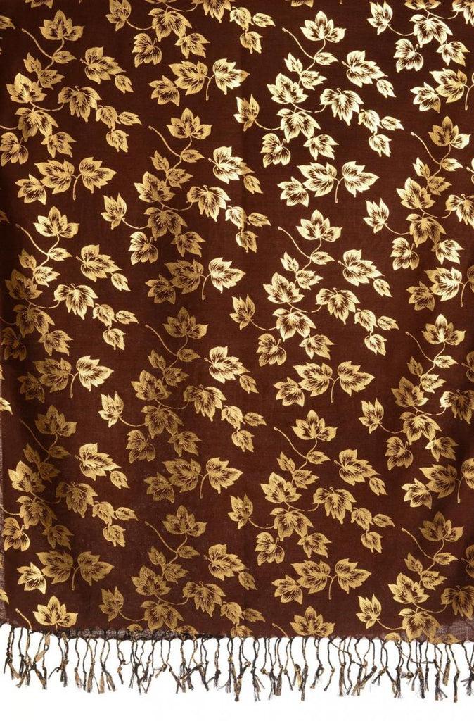 Liss Kiss Gold Leafs Print On Brown Pashmina With Tassels - Scarf