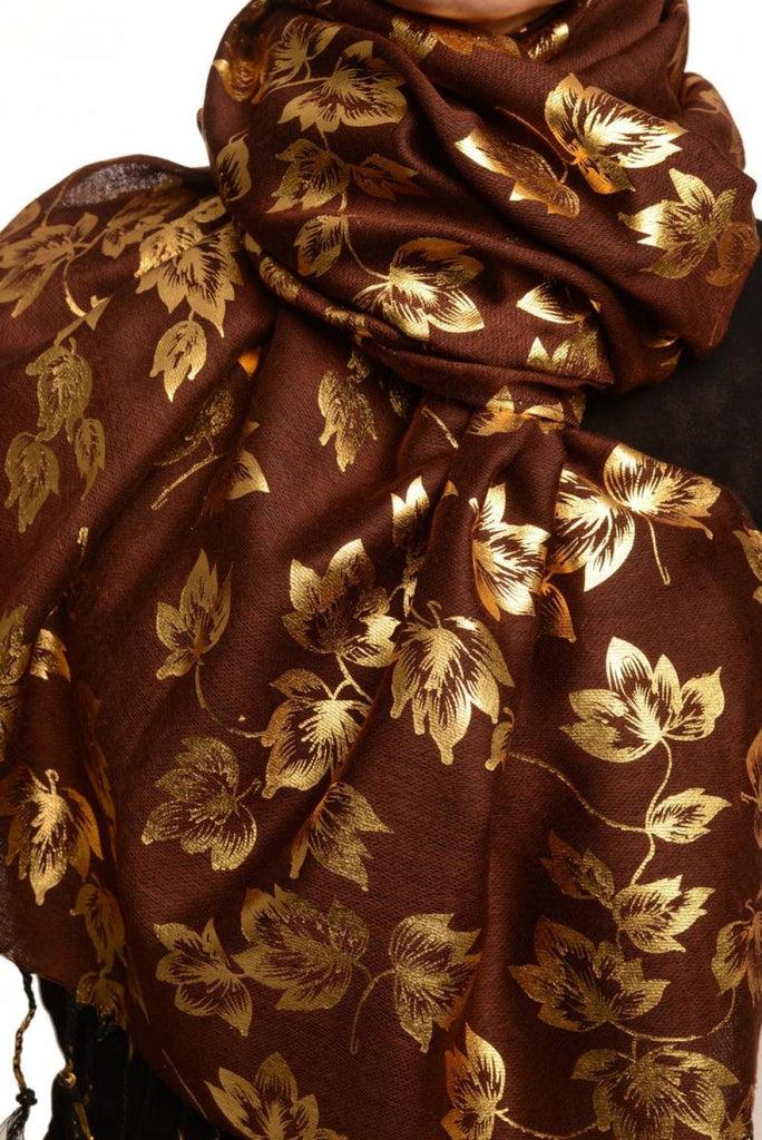 Liss Kiss Gold Leafs Print On Brown Pashmina With Tassels - Scarf