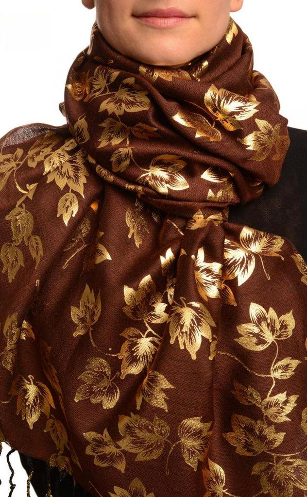 liss kiss Gold Leafs Print On Brown Pashmina With Tassels - Scarf
