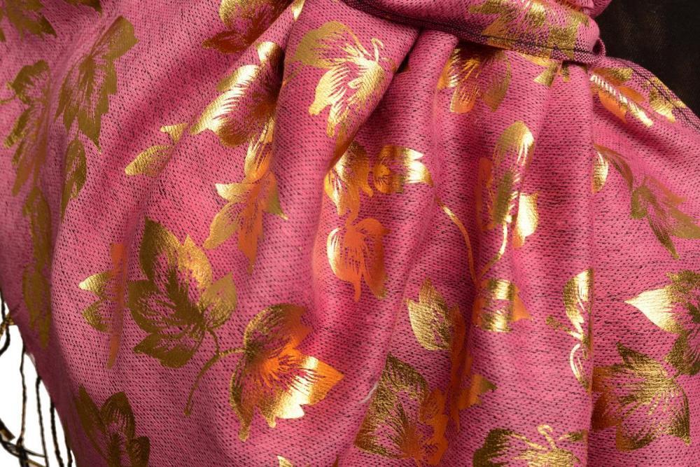 Liss Kiss Gold Leafs Print On Puce Pink Pashmina With Tassels - Scarf